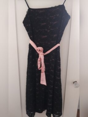 Vintage Black Lace Spaghetti Strap Dress w/ Pink Ribbon Belt – Size M